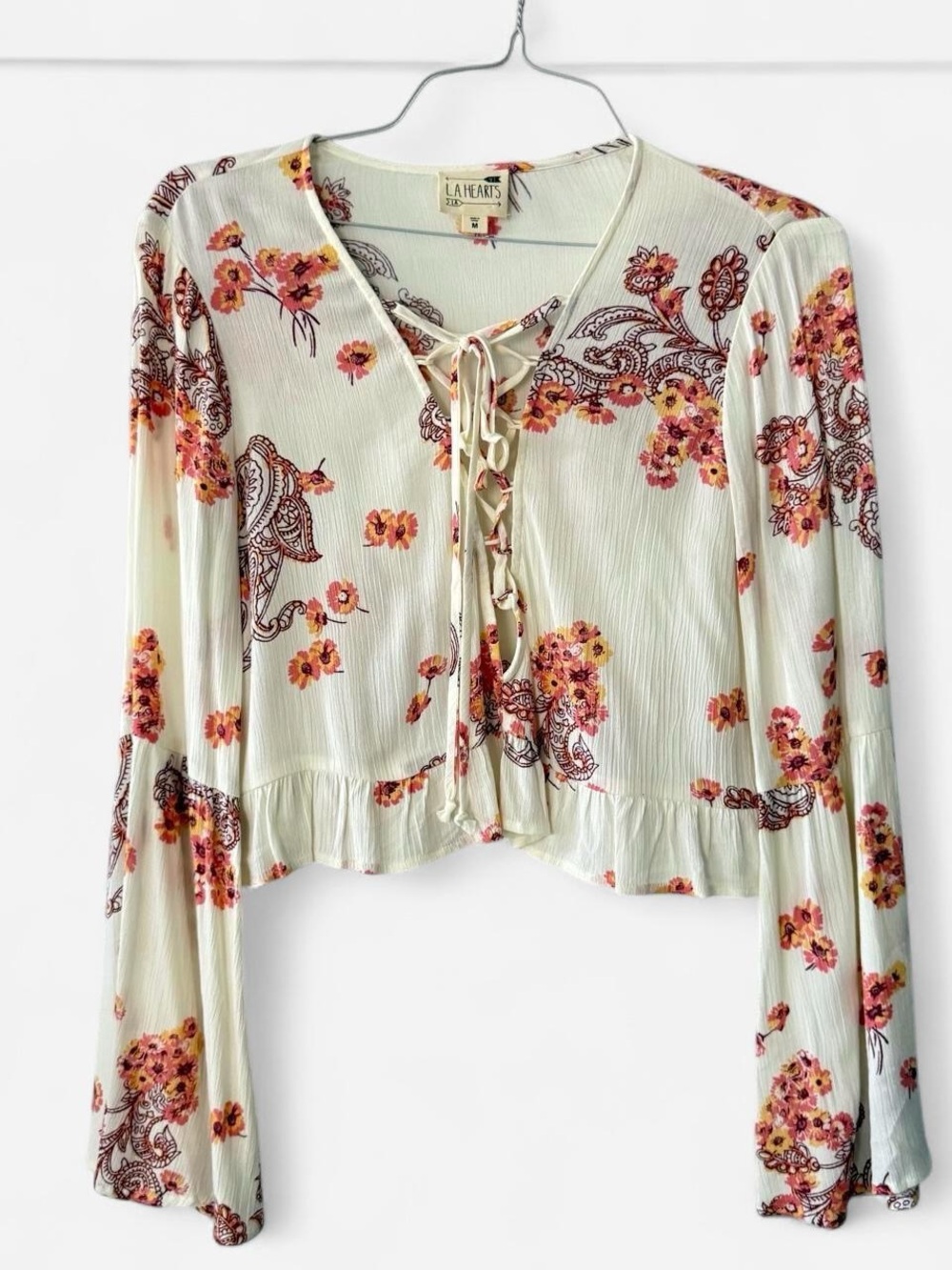 Bohemian indie cottage core Cream Floral Lace-Up Long Sleeve Blouse feminine cut
